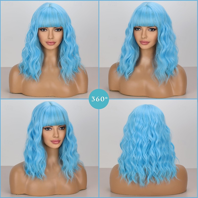 Short Blue Wavy Bob Wigs with Bangs for Women Loose Light Blue Wig Synthetic Shoulder Length Cosplay Wig for Girl Colorful Costume Wigs Halloween Wigs4