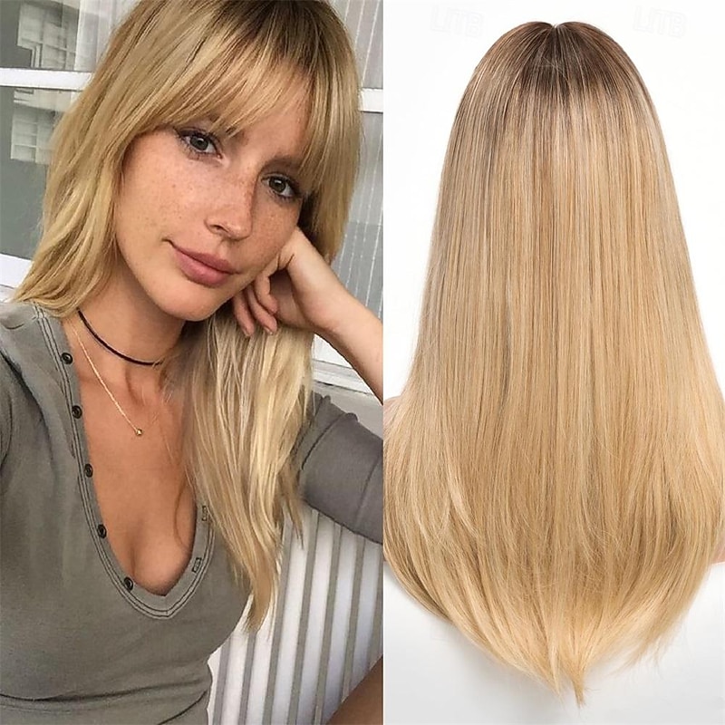 Long Blonde Wigs for Women Straight Synthetic Wig with Bangs
