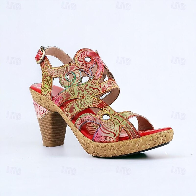 Women's Heels Sandals Handmade Shoes Vintage Shoes Party Daily Beach Floral Cone Heel Fantasy Heel Elegant Bohemia Vintage Leather Buckle Red Blue Brown2