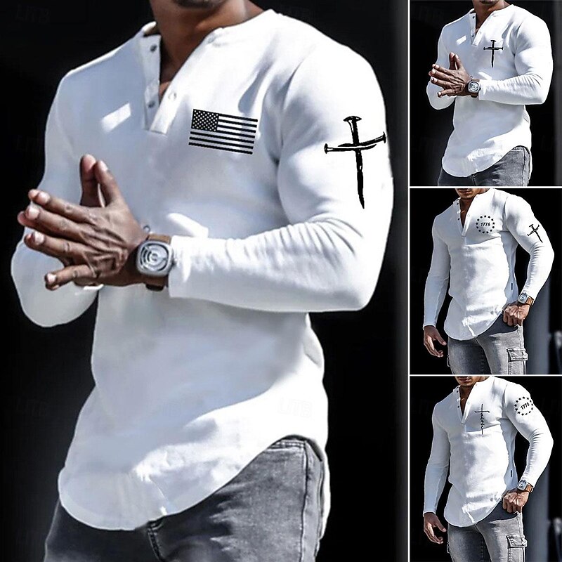 Graphic Prints National Flag Designer Casual Comfortable Men's Henley Shirt Cool Shirt Long Sleeve Shirt Street Sports Holiday T shirt White Long Sleeve Henley Shirt