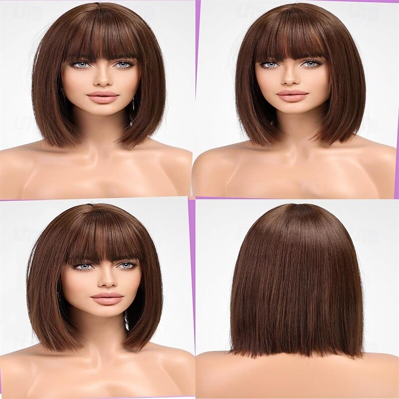 Brown Bob Wigs for Women Synthetic Wig with Bangs Natural Looking Synthetic Wigs for Ladies Daily Cosplay Hair Wig2