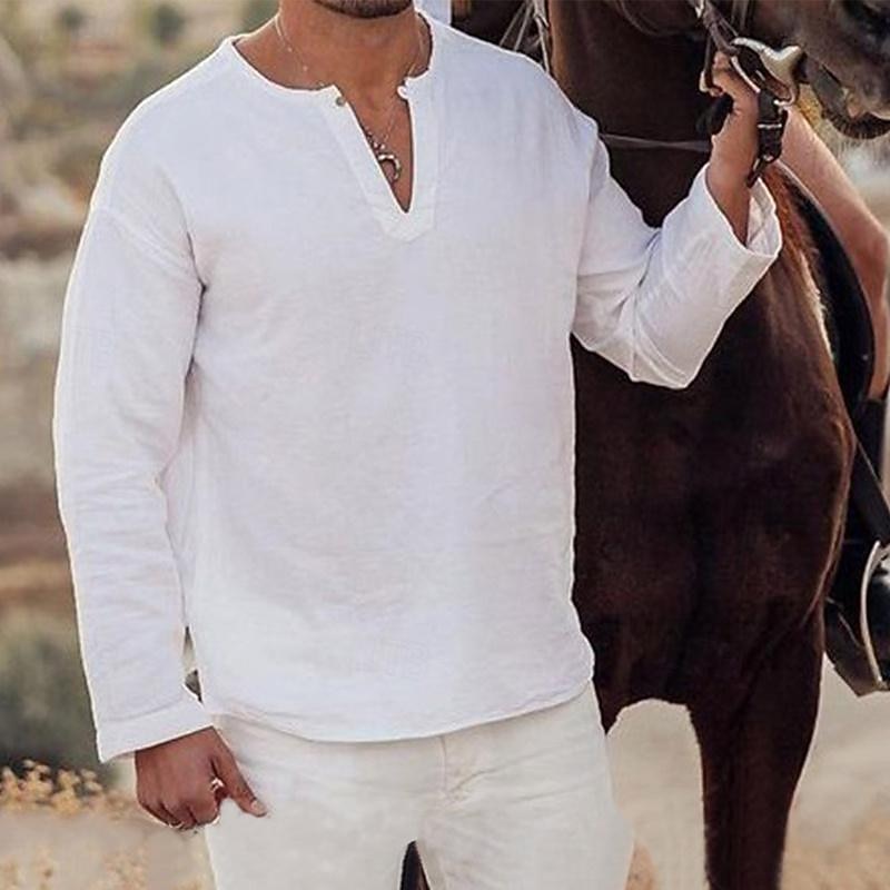 Men's Shirt Linen Shirt Cotton Linen Shirt White Cotton Shirt Summer Shirt Beach Shirt Plain Hawaiian Holiday White Long Sleeve V Neck Spring &  Fall Clothing Apparel