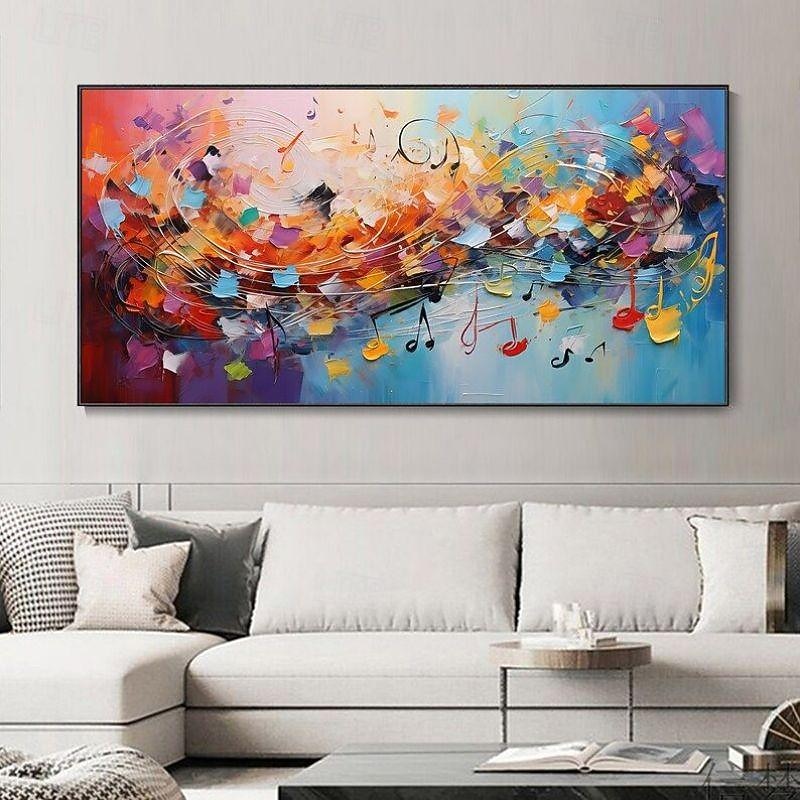 Handmade Oil Painting Canvas Wall Art Decoration Cheerful Colorful Abstract Musical Staff for Home Decor Rolled Frameless Unstretched Painting