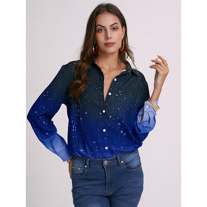 Women's Shirt Long Sleeve Button Down Blouse Basic Buttons Print Regular Tops Shirt Collar Casual Daily Blue Gray Spring Fall2