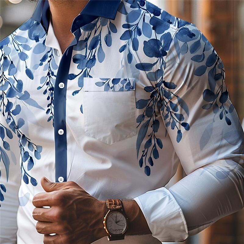 Men's Printed Shirts Leaf Wear to work Daily Wear Yellow Blue Long Sleeve Turndown Spring & Summer Clothing Apparel Pocket3