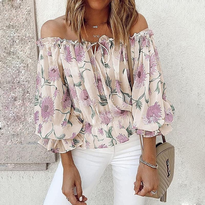 Women's Shirt Blouse Floral Fashion Long Sleeve Cold Shoulder Off Shoulder Regular Tops Casual Holiday Lace up Buttons Print White Pink Blue Beige Summer4