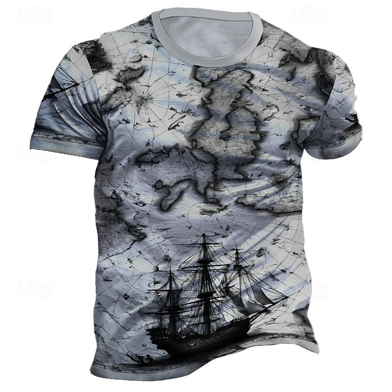 Men's Graphic Map Sailboat T Shirt Short Sleeve T shirt 3D Print Crew Neck Shirt Daily Designer Retro Vintage Sports Outdoor Holiday Going out Blue Brown Green Spring & Summer Clothing Apparel S M L4