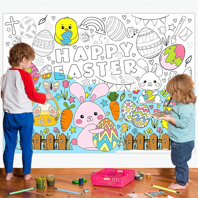 Easter Coloring Tablecloth, Coloring Table Runner with 12 Paintbrushes Easter Bunny Activities Easter Bunny Poster Easter Bunny Banner for Easter Party Favors School Class Family