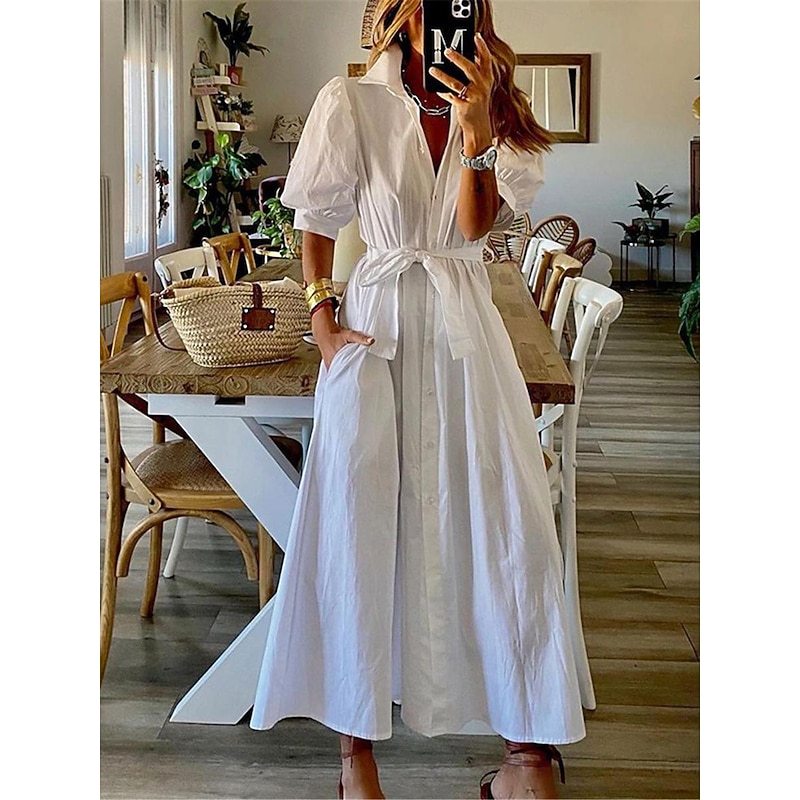 Women's White Dress Shirt Dress Maxi long Dress Office Business Date Basic Formal Shirt Collar Pocket Belted Half Sleeve Summer Spring