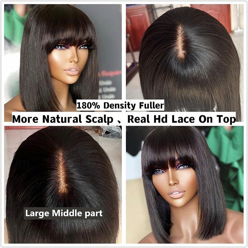 Straight Wig Human Hair With Bangs 2x1 Lace  Cut Wigs Realistic Look Scalp Bob Bangs Wigs For Women Natural Color Brazilian Human Virgin Hair Wigs3
