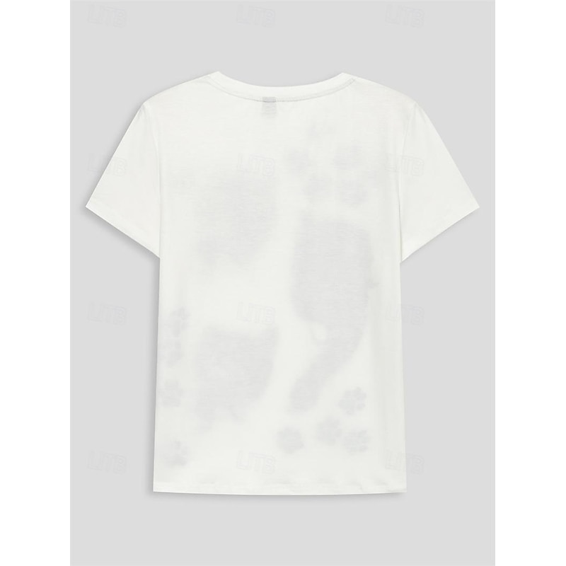 Women's T Shirt Basic Cat Print Short Sleeve Regular Tops Round Neck Casual Weekend White3