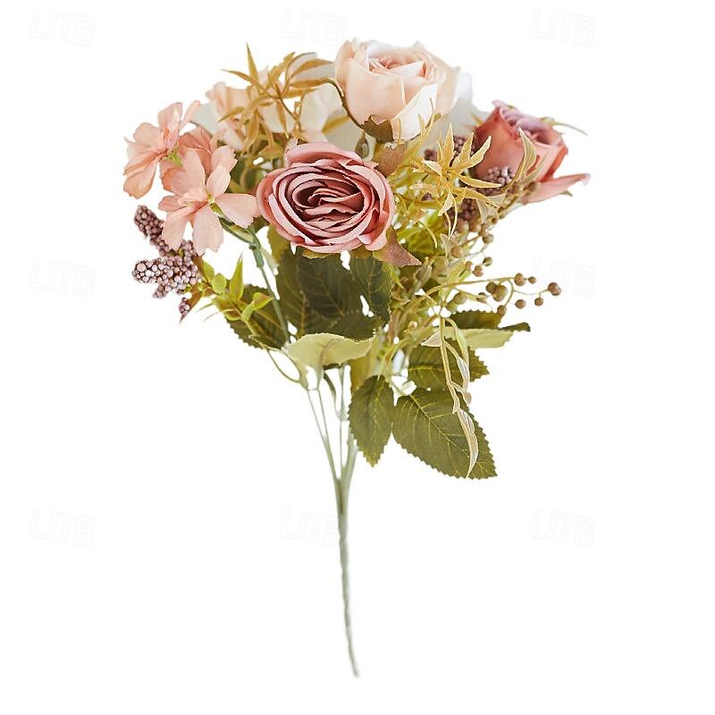 Simulated Flower 6 Forks Smoke And Rain Rose Home Decoration Artificial Flower Rose Silk Flower European Style Color Scheme Hotel Dining Table Flower Arrangement2