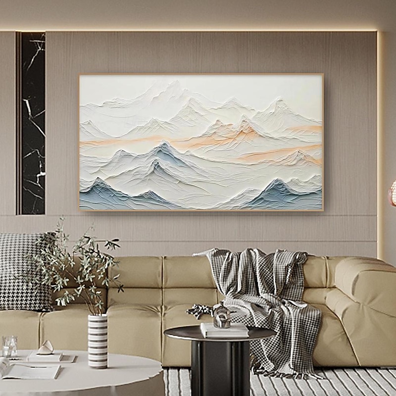 Hand painted 3D White Mountain Painting on Canvas hand painted Plaster Style Textured painting Wall Art  Wabi-Sabi Mountain painting for Living Room Decor Boho Modern Canvas3