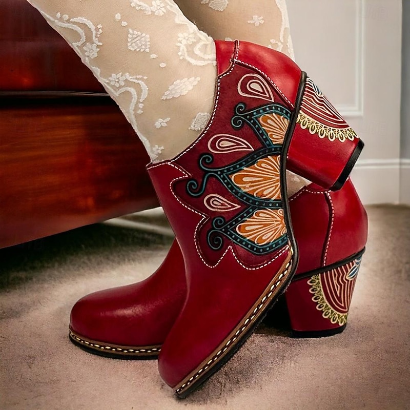 Women's Heels Pumps Handmade Shoes Vintage Shoes Party Geometric Cone Heel Round Toe Elegant Vintage Leather Black Red Blue2