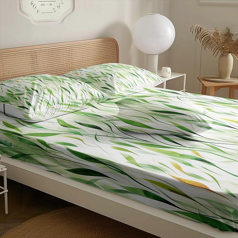 Leaves Pattern Fitted Sheet Set 100% Cotton Ultra Soft Breathable Silky  Bed Sheets Deep Pocket Bedding Sheets 3 Piece Queen King Size3