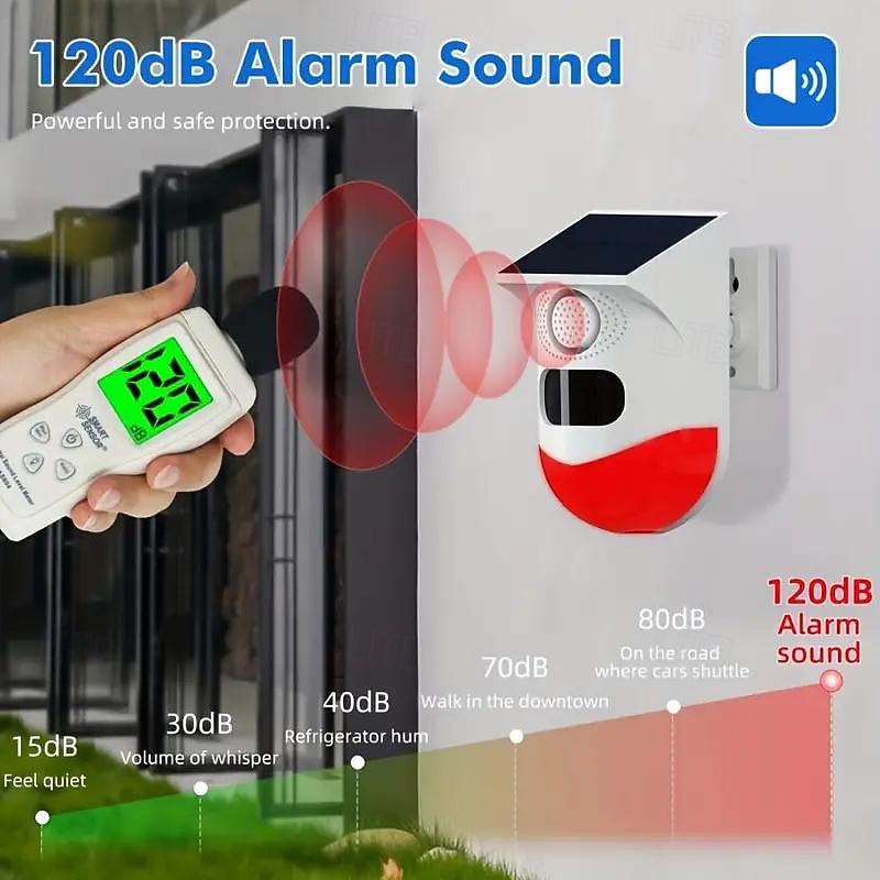 Solar Strobe Alarm Light with Motion Detection - 120dB Siren, 7 Modes, Remote Controller & Real-Time APP Notification for Home, Farm, Villa, Yard2