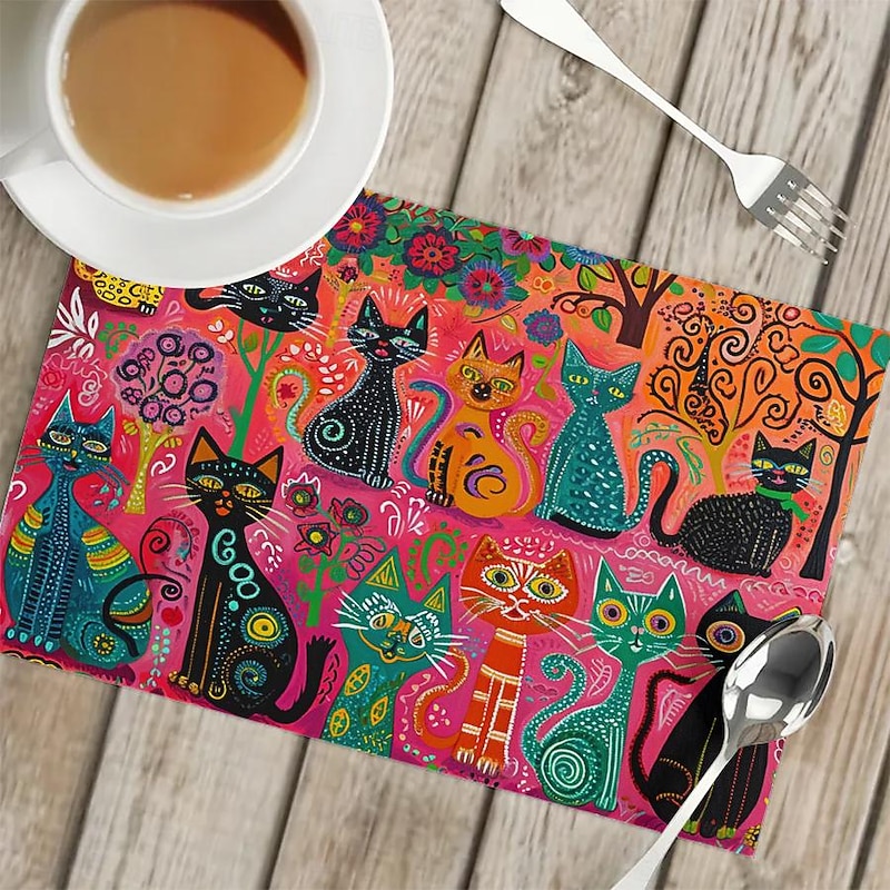 Linens Dining Table Placemats Doodle Art Cat Series Waterproof Oil Proof and Insulated Household Dining Table Mats Heat Resistant Waterproof Oil Proof and Insulated Household Dining Table Mats for Kitchen Coffee Center Table Side Party 1PC