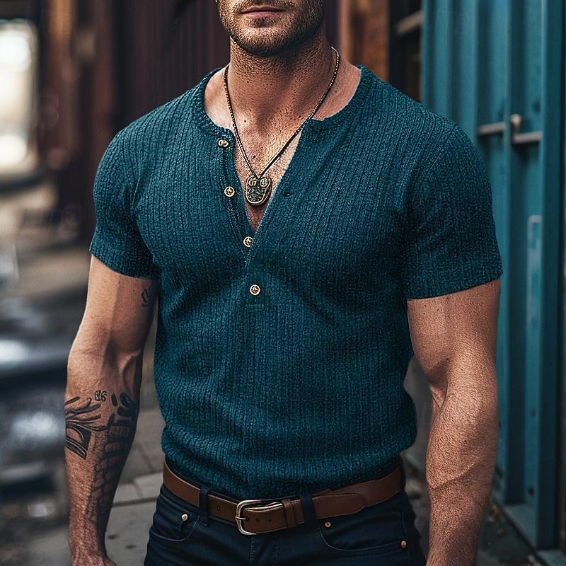 Men's Henley Shirt Muscle Shirt Ribbed Knit tee Tee Top Short Sleeves Plain Pit Strip Fashion Designer Basic Henley Vacation Street Going out Summer White Blue Dark Gray Henley T-Shirt