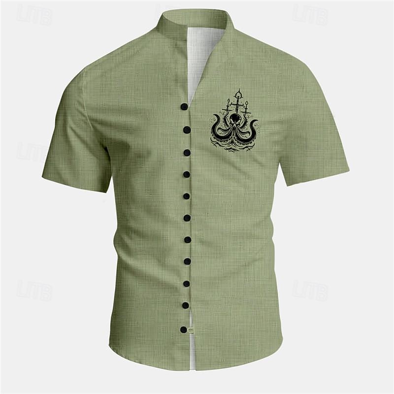 Men's Octopus Summer Hawaiian Shirt Aloha Shirt Printed Shirts Short Sleeves Shirt Standing Collar Hawaiian Resort Vacation Holiday Daily Wear Blue Orange Green S M L2