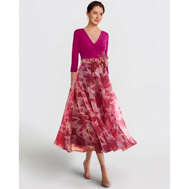 Beach Wedding A-Line Mother of the Bride Dress Formal Wedding Guest Elegant Scoop Neck V Neck Ankle Length Chiffon Sequined Stretch Fabric 3/4 Length Sleeve with Flower Wedding Guest Dress4