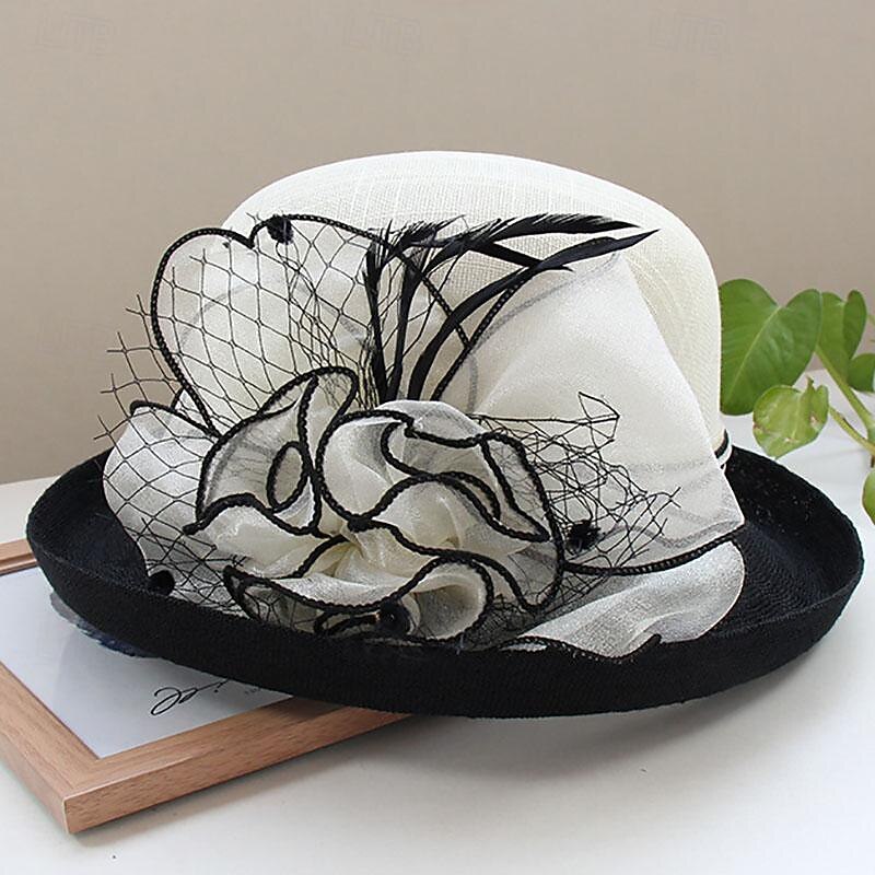 Fascinators Hats Headwear Polyester Bucket Hat Straw Hat Sun Hat Casual Holiday Elegant Vintage With Feather Bows Headpiece Headwear