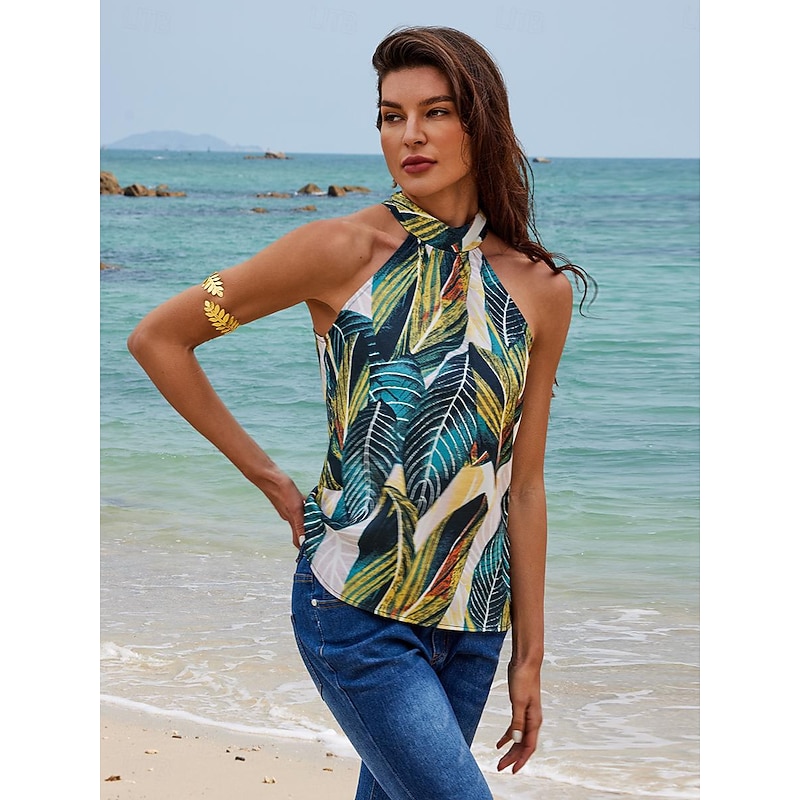 Women's Halter Crisscross Tank Leaf Leaves Boho Beach Sleeveless Halter Neck Casual Going out Beach Bow Backless Grass Green Spring & Summer4