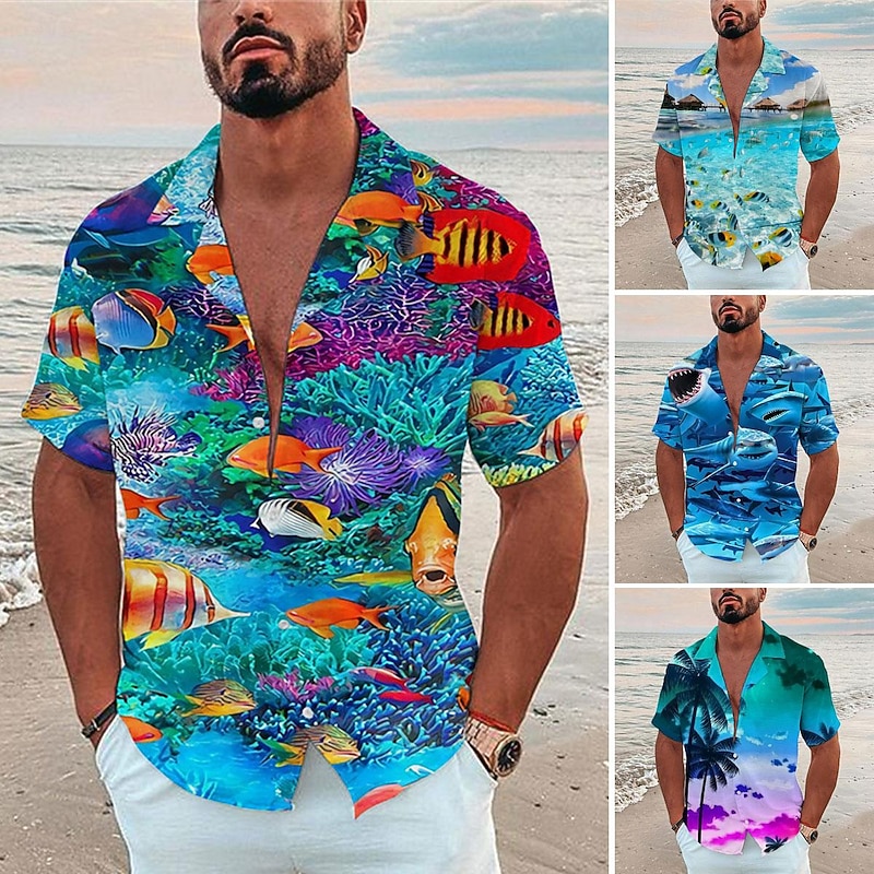 Men's Tropical Fish Underwater World Shirt Summer Hawaiian Shirt Camp Collar Shirt Short Sleeve Shirt Turndown Fashion Designer Casual Outdoor Street Casual Sea Blue Navy Blue Royal Blue 3D Print S M