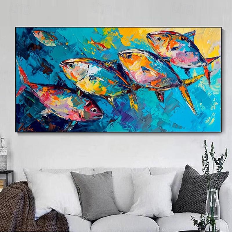 Large Original Fish Hand painted Oil Painting On Canvas Canvas Wall Art Abstract Blue Sea Painting Lively Animal  Wall Decor Home Decor2