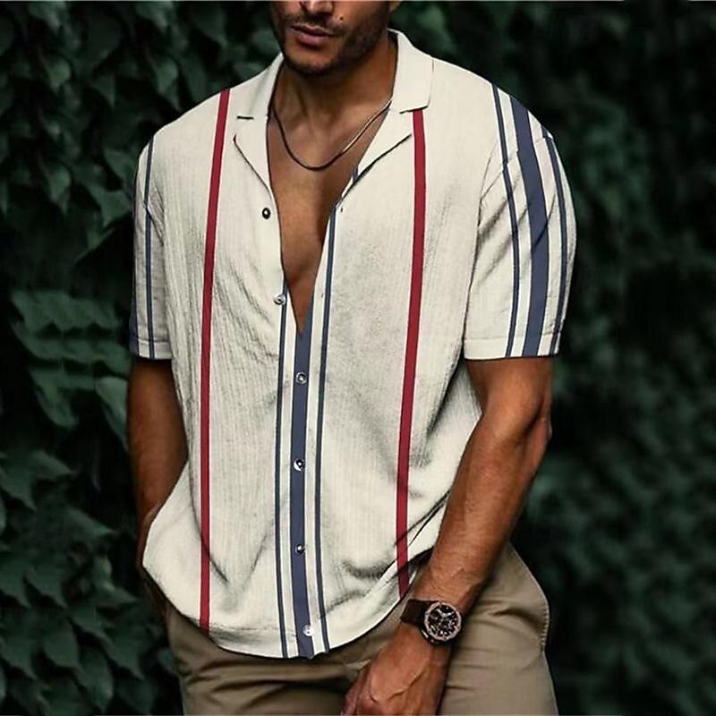 Men's Shirt Summer Shirt Casual Shirt Beach Shirt Button Up Shirt Striped Shirts Black White Yellow Blue Orange Short Sleeve Stripes Lapel Vacation Hawaiian Clothing Apparel Polyester Fashion Casual 11