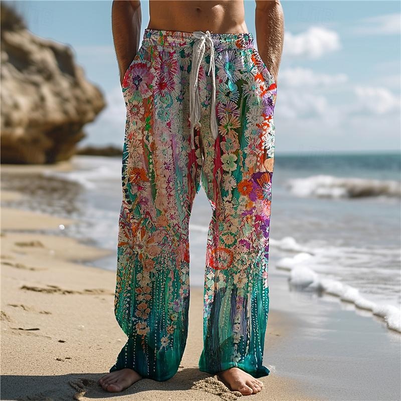 Men's Hawaiian Floral Pants 3D Print Straight Leg Trousers Mid Waist Drawstring Elastic Waist Outdoor Street Holiday Summer Spring Fall Relaxed Fit Micro-elastic3