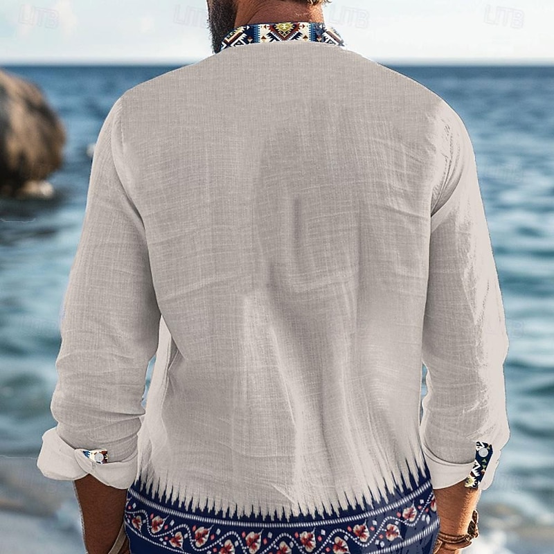 Men's Tribal Bandana Print Shirt Linen Shirt Button Up Shirt Long Sleeve Tribal Vacation Daily Wear Going out Spring &  Fall Stand Collar Buttons Print White Blue Khaki2