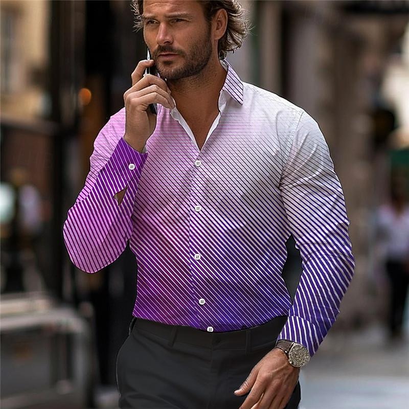 Men's Dress Shirt Printed Shirts Stripe Street Wear to work Blue Purple Long Sleeve Turndown Spring & Summer Clothing Apparel Print