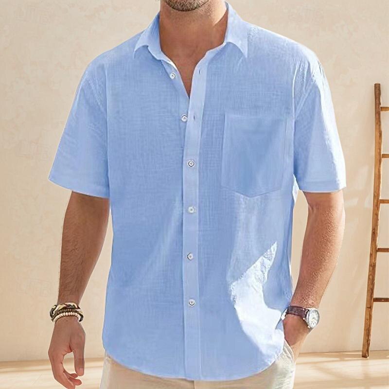 Men's Shirt Linen Shirt Summer Shirt Beach Shirt Cotton Linen Shirt Button Up Shirt Plain Vacation Holiday Black White Blue Gray Short Sleeve Turndown Summer Clothing Apparel Button-Down