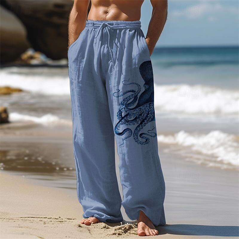 Men's Octopus Linen Pants Pants Trousers Baggy Pants Mid Waist Vintage Outdoor Daily Wear Streetwear Side Pockets Elastic Drawstring Design Black White Blue3