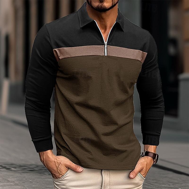 Men's Quarter Zip Polo Cotton Polo Shirt Daily Holiday Quarter Zip Long Sleeve Fashion Modern Color Block Patchwork Spring &  Fall Regular Fit White Wine Royal Blue Dark Grey Army Green Gray Quarter