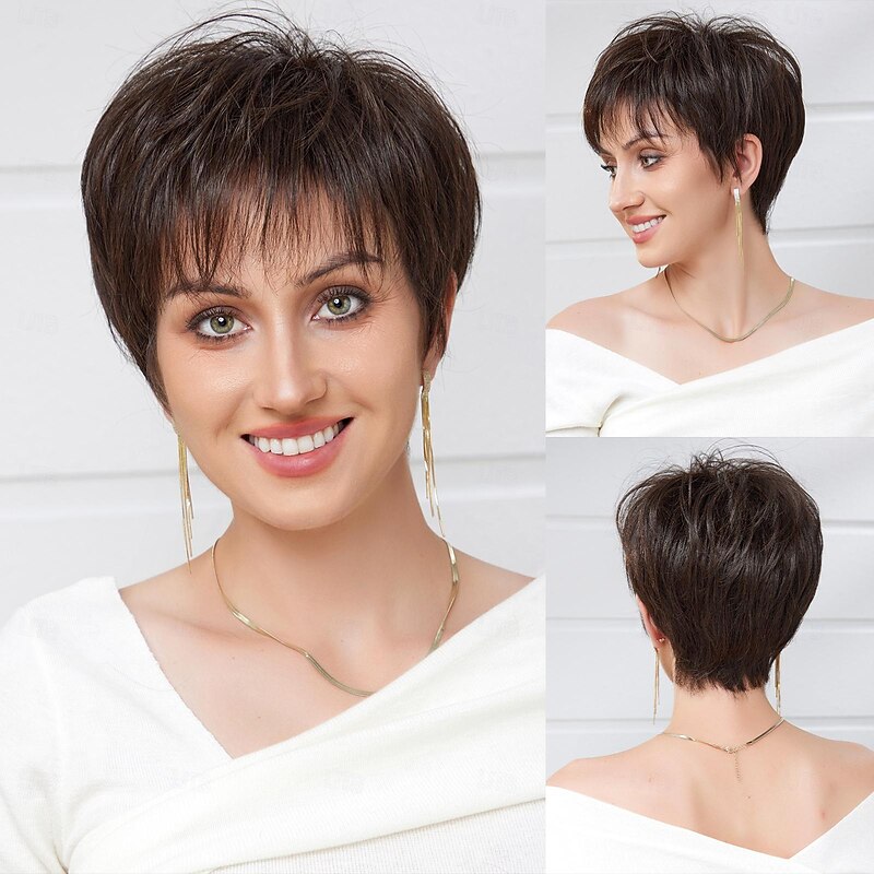 Human Hair Blend Wig Short Natural Straight Pixie Cut Side Part Layered Haircut Asymmetrical Brown Cosplay Curler & straightener Natural Hairline Capless Brazilian Hair Women's All Brown 8 inch Party