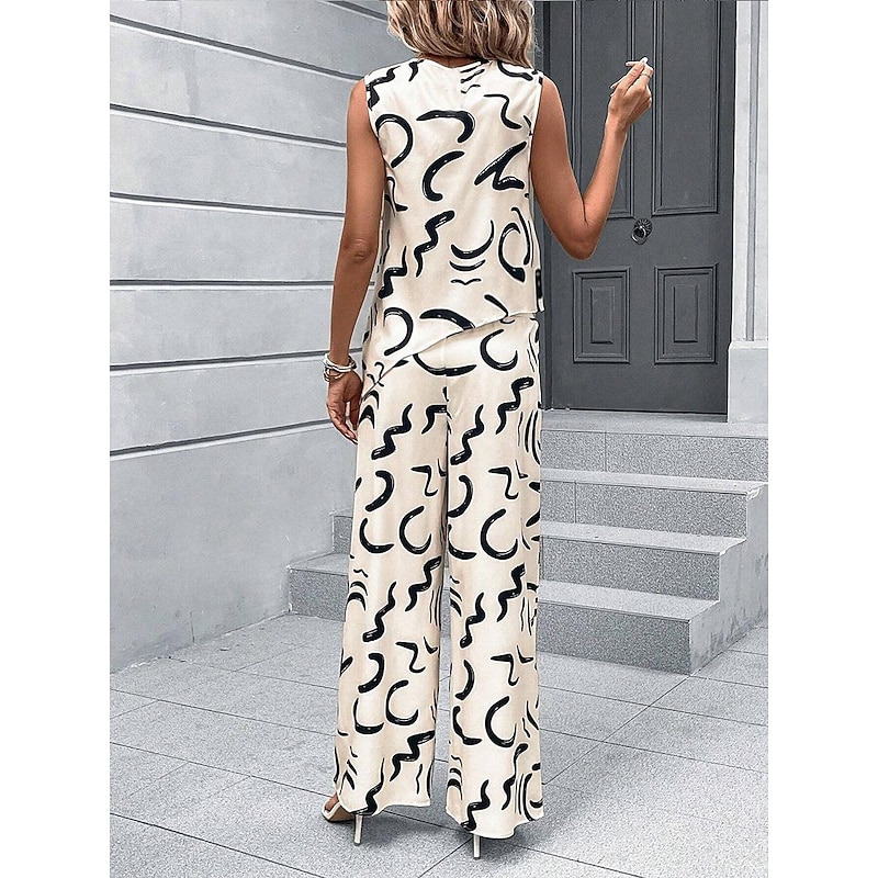 Women's 2 Pieces Fashion Tank Top Pants Sets Wide Leg Pants Trousers Sleeveless Round Neck Graphic Print Casual Daily Beige Summer Regular Fit3