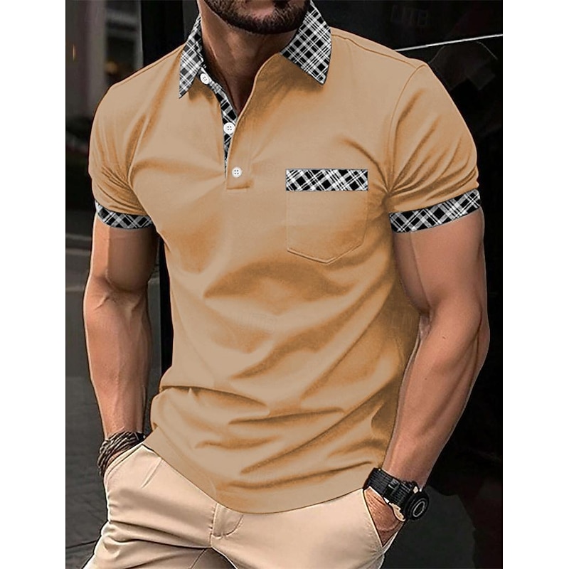 Men's Polo Shirts Golf Shirt Casual Holiday Lapel Short Sleeve Fashion Basic Plaid Color Block Patchwork Pocket Summer Regular Fit Light Blue White Orange Khaki Polo Shirts3