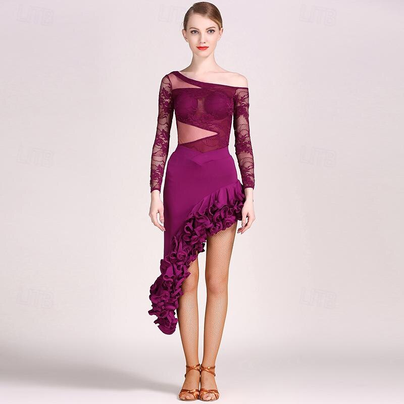 Latin Dance Skirts Pure Color Women's Performance Training Long Sleeve Lace2
