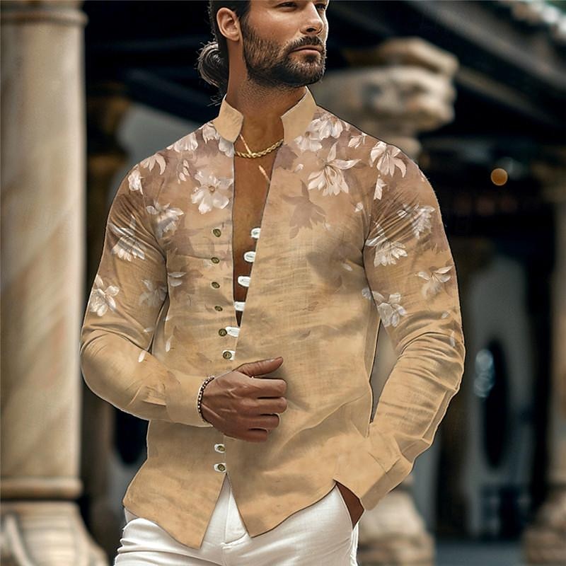 Men's Floral Button Up Shirt Printed Shirts Long Sleeve Hawaiian Resort Outdoor Holiday Daily Wear Spring & Summer Standing Collar Print Button-Down Blue Khaki