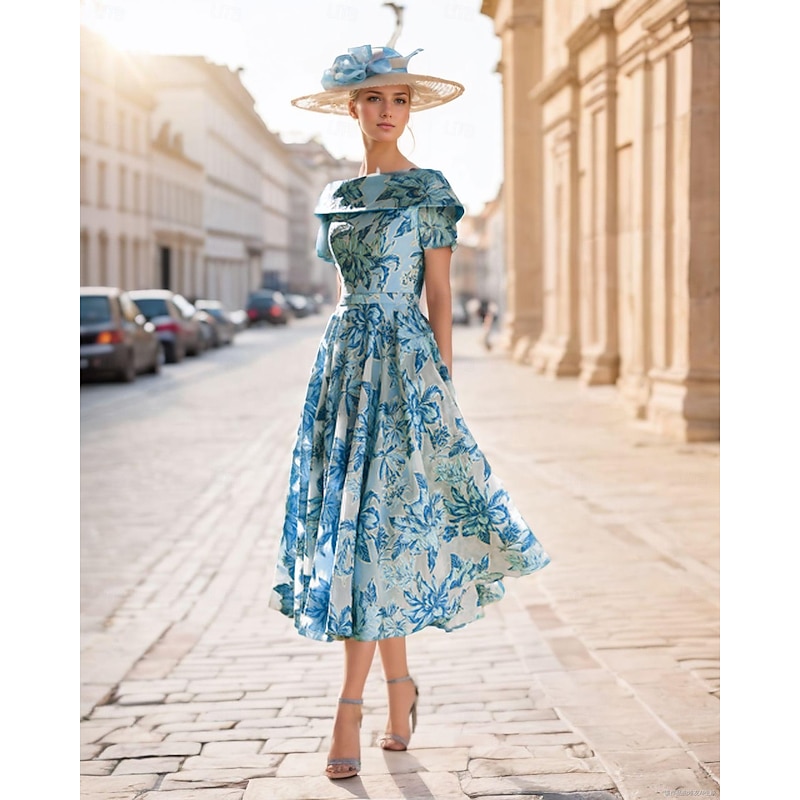 A-Line Mother of the Bride Dress Formal Wedding Guest Vintage Straight Neckline Tea Length  Short Sleeve with Pleats Flowerwedding guest dress Race Day Dress