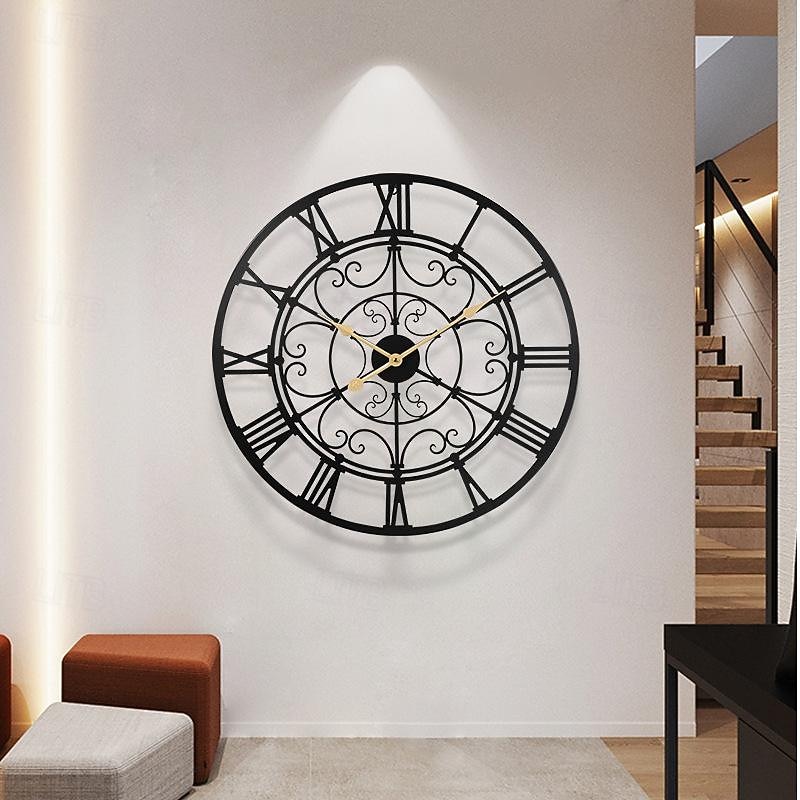 Round Hollow Wall Clock Creative Silent Non-Ticking Wall Clocks Battery Operated Metal Decorative Clock for Living Room Bedroom Kitchen Office 60 cm3