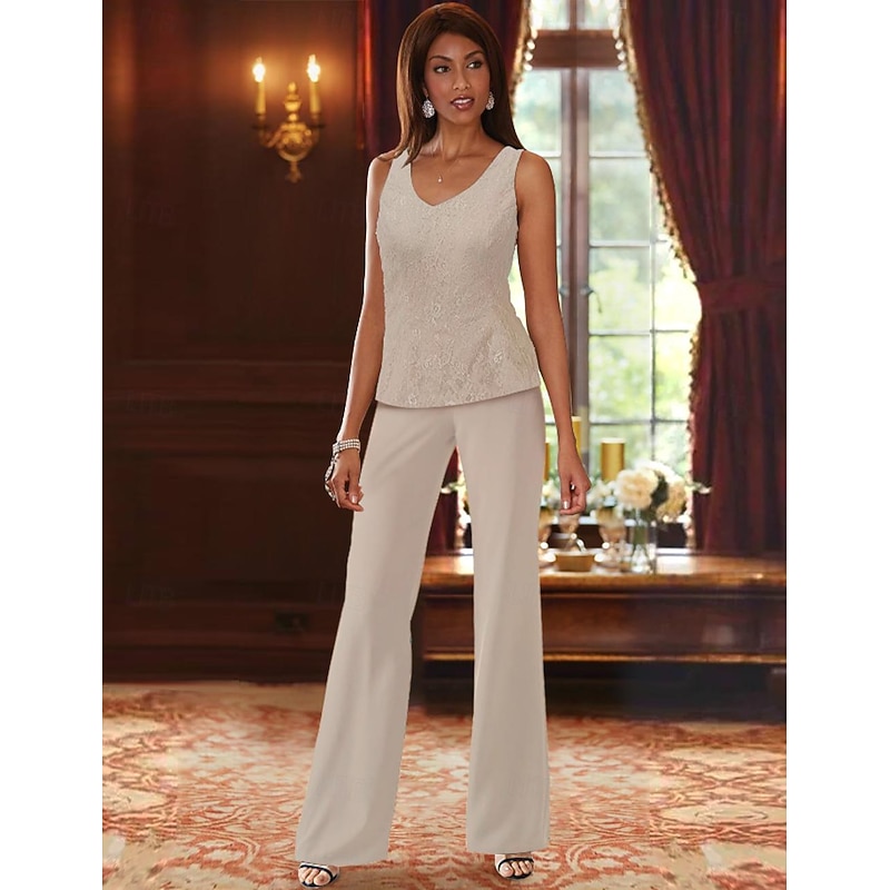 Beach Wedding Pantsuit 3 Piece Mother of the Bride  Formal Wedding Guest Elegant V Neck Floor Length Chiffon Lace Long Sleeve Jacket es with Appliques3