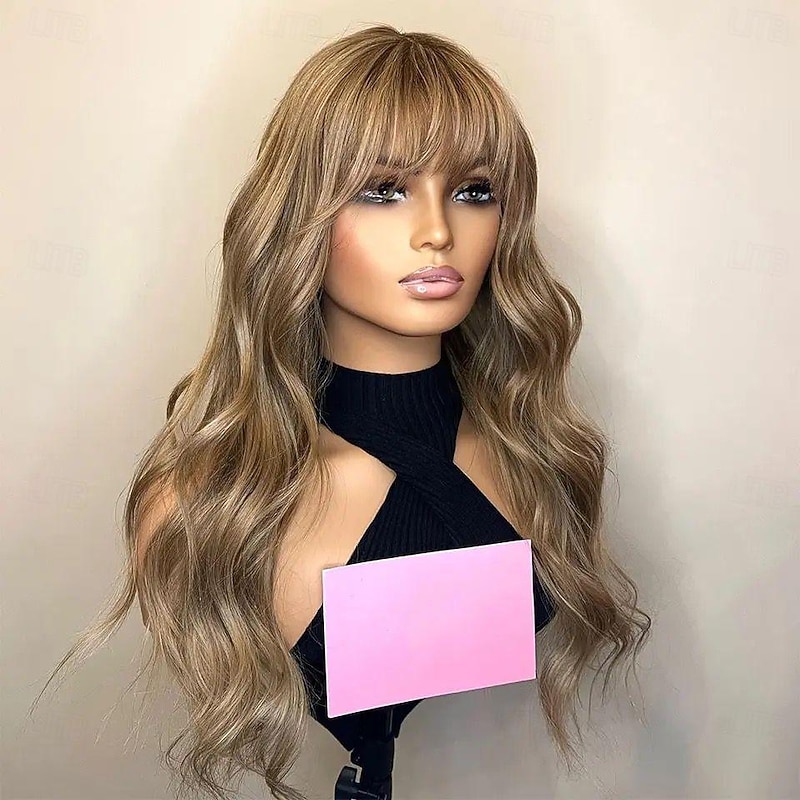 Remy Human Hair 13x4 Lace Front Wig With Bangs Brazilian Hair Wavy Multi-color Wig 130% 150% Density Highlighted / Balayage Hair Natural Hairline  Pre-Plucked For Women Long Human Hair Lace
