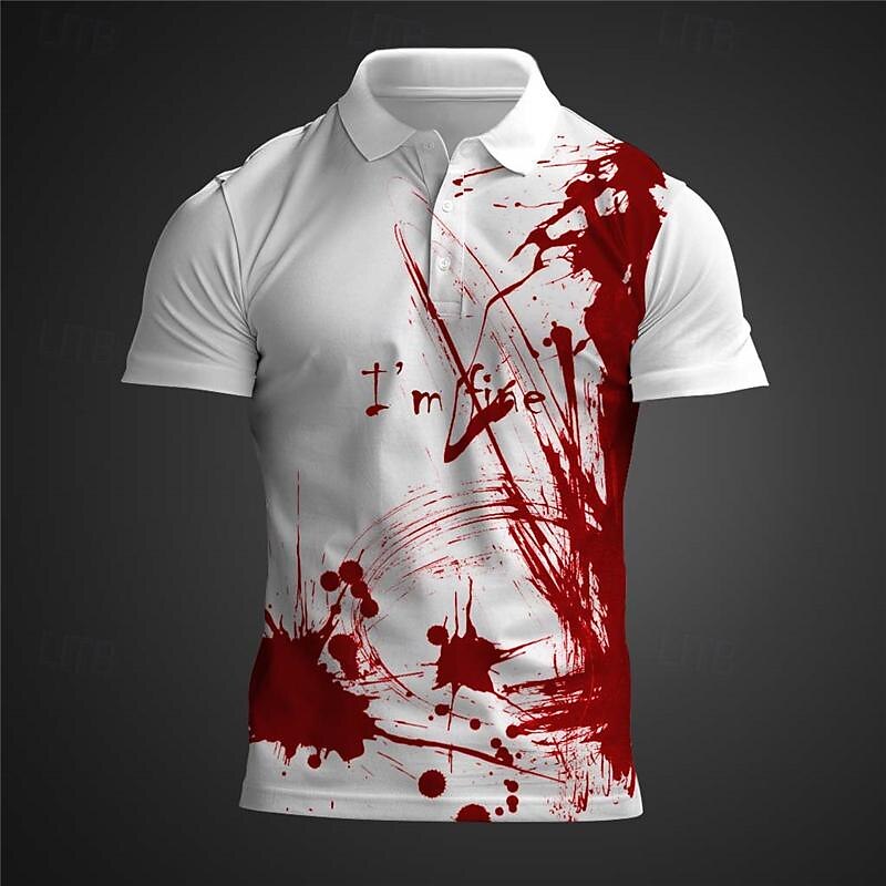 Men's Blood Splatter Polo Shirts Short Sleeve Polo Shirts Collared Shirts Casual Horror Streetwear Festival Wear Party Outfits 3D Print Buttons Summer Black White Red2