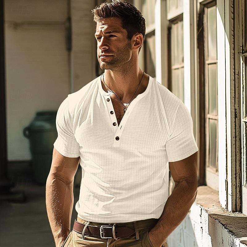 Men's Henley Shirt Muscle Shirt Ribbed Knit tee Tee Top Short Sleeves Plain Pit Strip Fashion Designer Basic Henley Vacation Street Going out Summer Navy Blue Green Beige Henley T-Shirt3