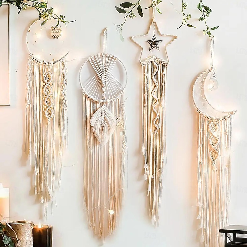 1pc Bohemian Moon Star Dream Catchers Lighting Boho Macrame Wall Hanging Dream Catcher Boho Wall Decor Handmade Woven Tapestry for Teen Girls Boys Kids Nursery Gift Home Apartment Dorm Bedroom Decoration