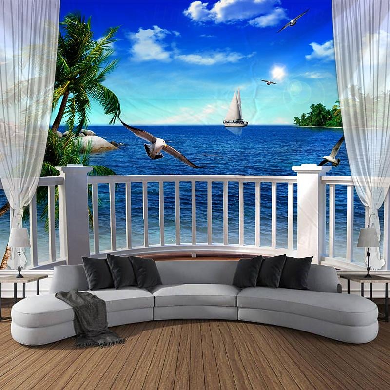 Window Beach View Hanging Tapestry Wall Art Large Tapestry Mural Decor Photograph Backdrop Blanket Curtain Home Bedroom Living Room Decoration4