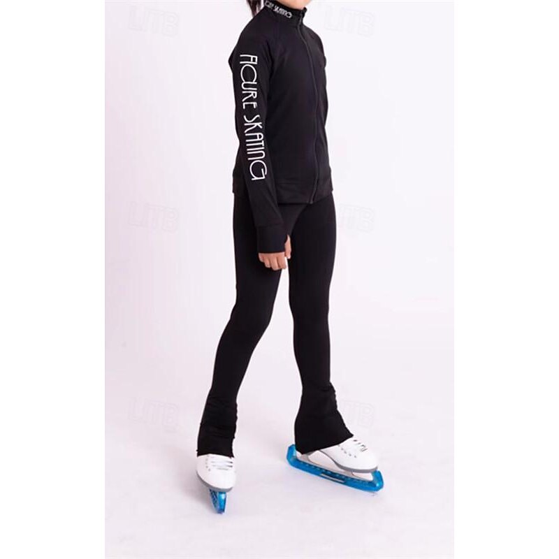 Figure Skating Fleece Jacket Figure Skating Pants Figure Skating Jacket with Pants Women's Girls' Ice Skating Jacket Tights Outfits Black Black White Sky Blue White Patchwork Thumbhole Spandex2