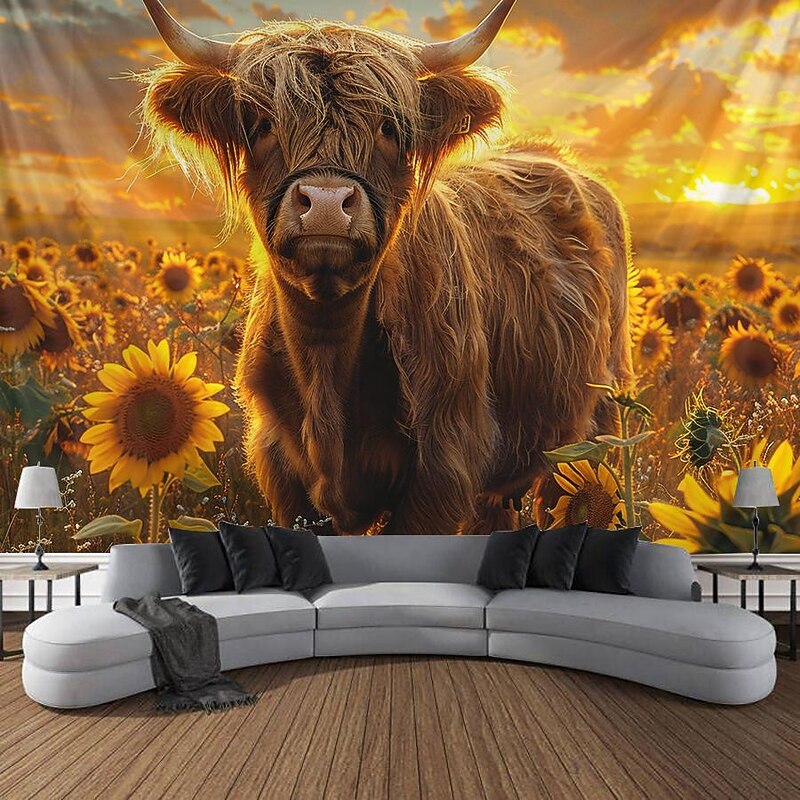 Beach Yak Sunflowers Hanging Tapestry Wall Art Large Tapestry Mural Decor Photograph Backdrop Blanket Curtain Home Bedroom Living Room Decoration